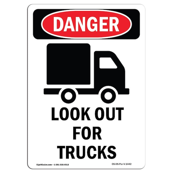 OSHA Danger Sign, Look Out For Trucks, 14in X 10in Aluminum, 10" W, 14" L, Portrait